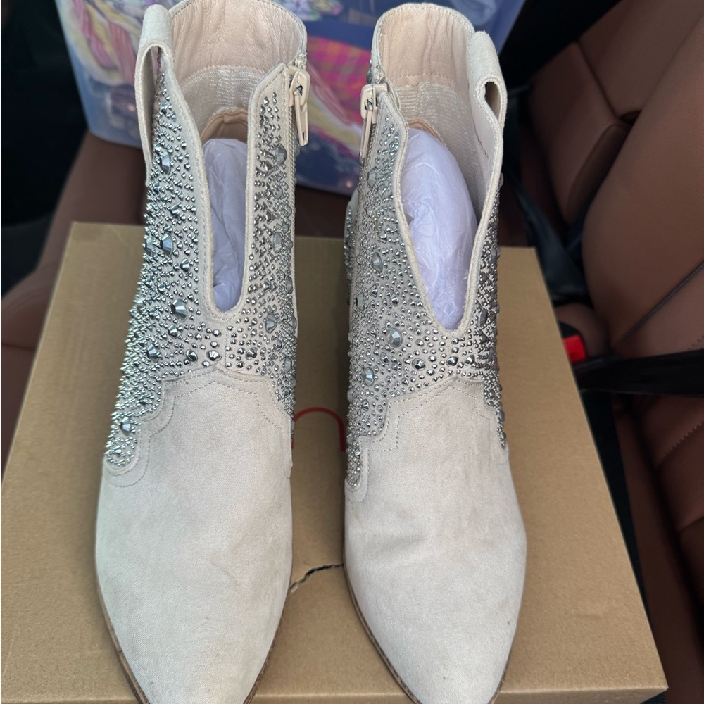 Cream Embellished Ankle Boots